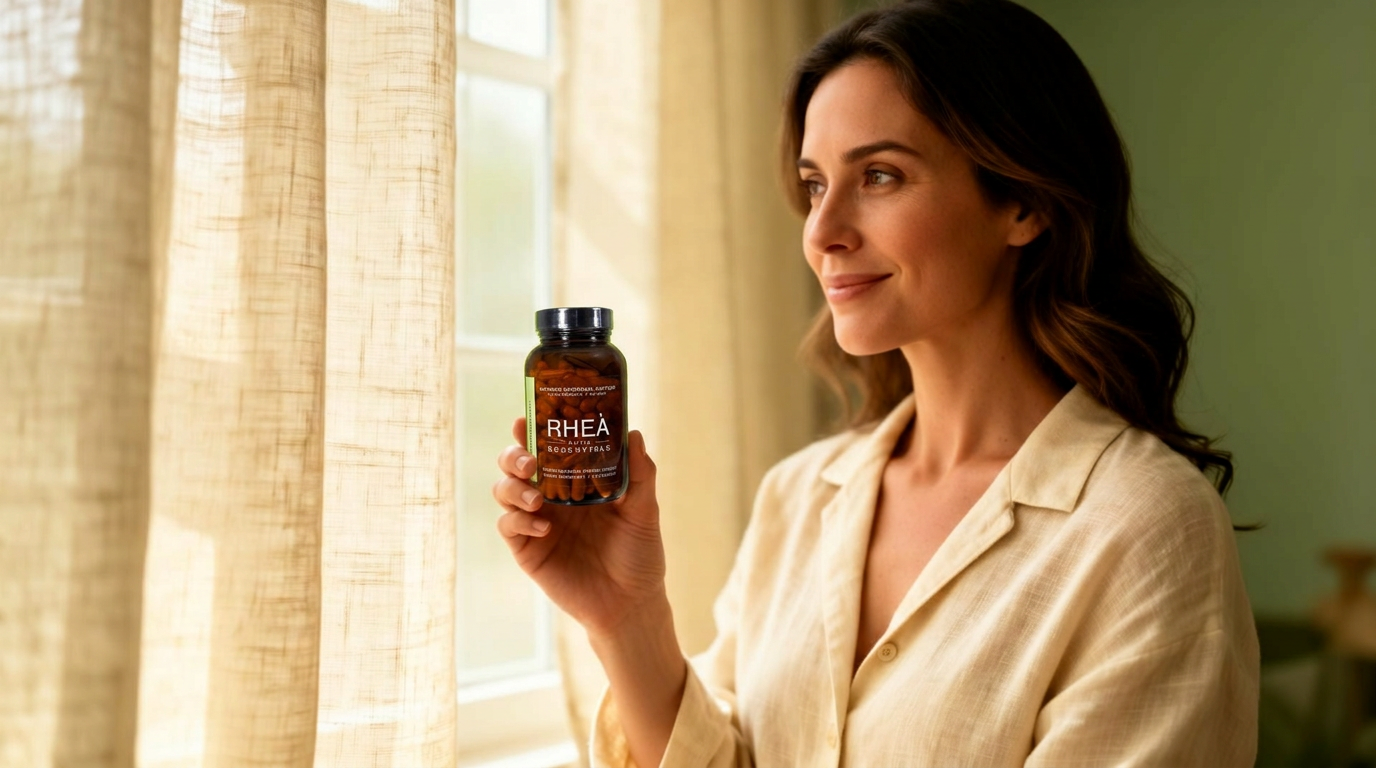 Editorial portrait of a woman holding a wellness supplement bottle in soft natural light
